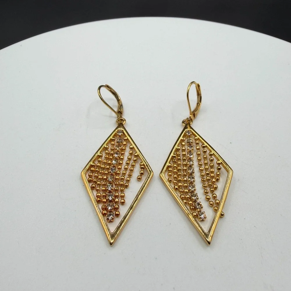 Gold Tone Rhinestone Diamond Shape Dangle Earrings Beaded Fringe Statement Party